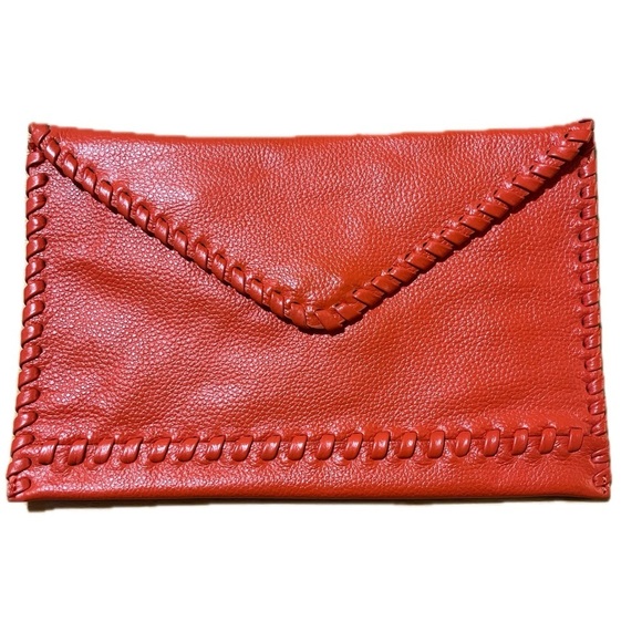 LAGGO Stitched Polka Orange Pebble Leather Envelope Clutch NWOT - Picture 2 of 7